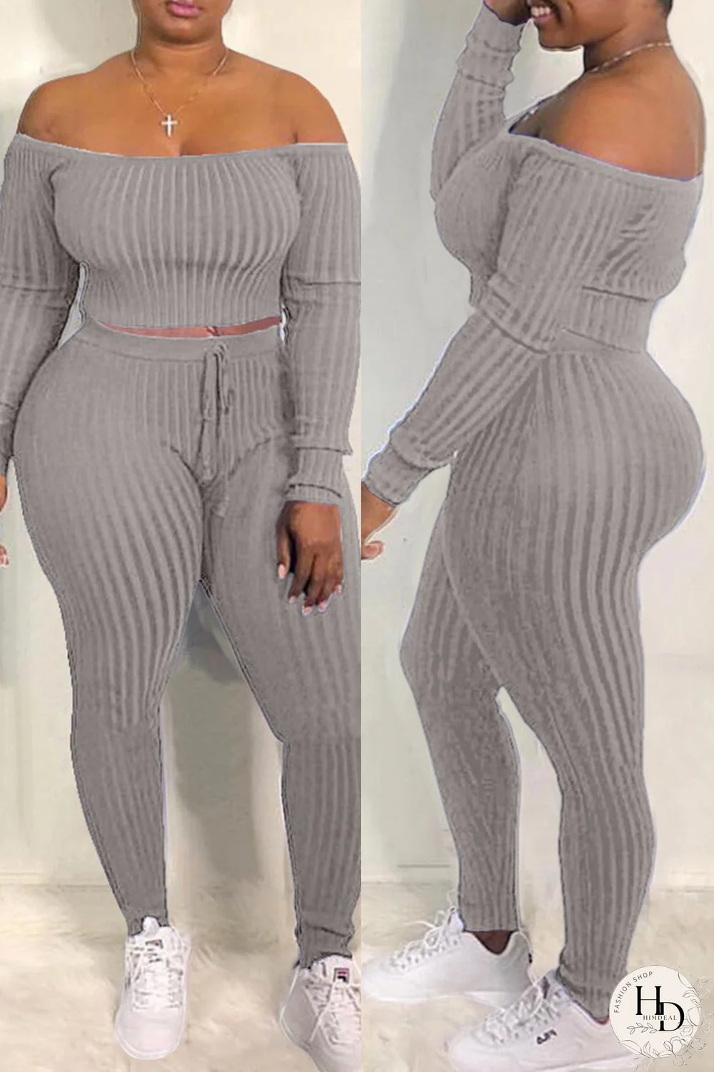 Grey Fashion Casual Solid Backless Off the Shoulder Long Sleeve Two Pieces