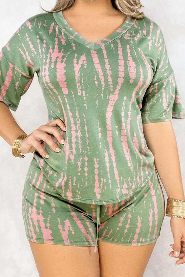 Green Polyester Sexy Print pencil Half Sleeve Two Pieces