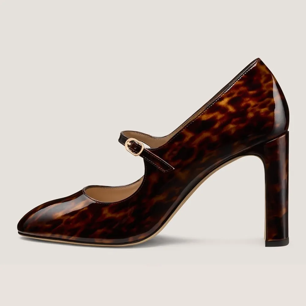 Brown Tortoise Patent Leather Round Toe Block Heel Mary Jane Pumps