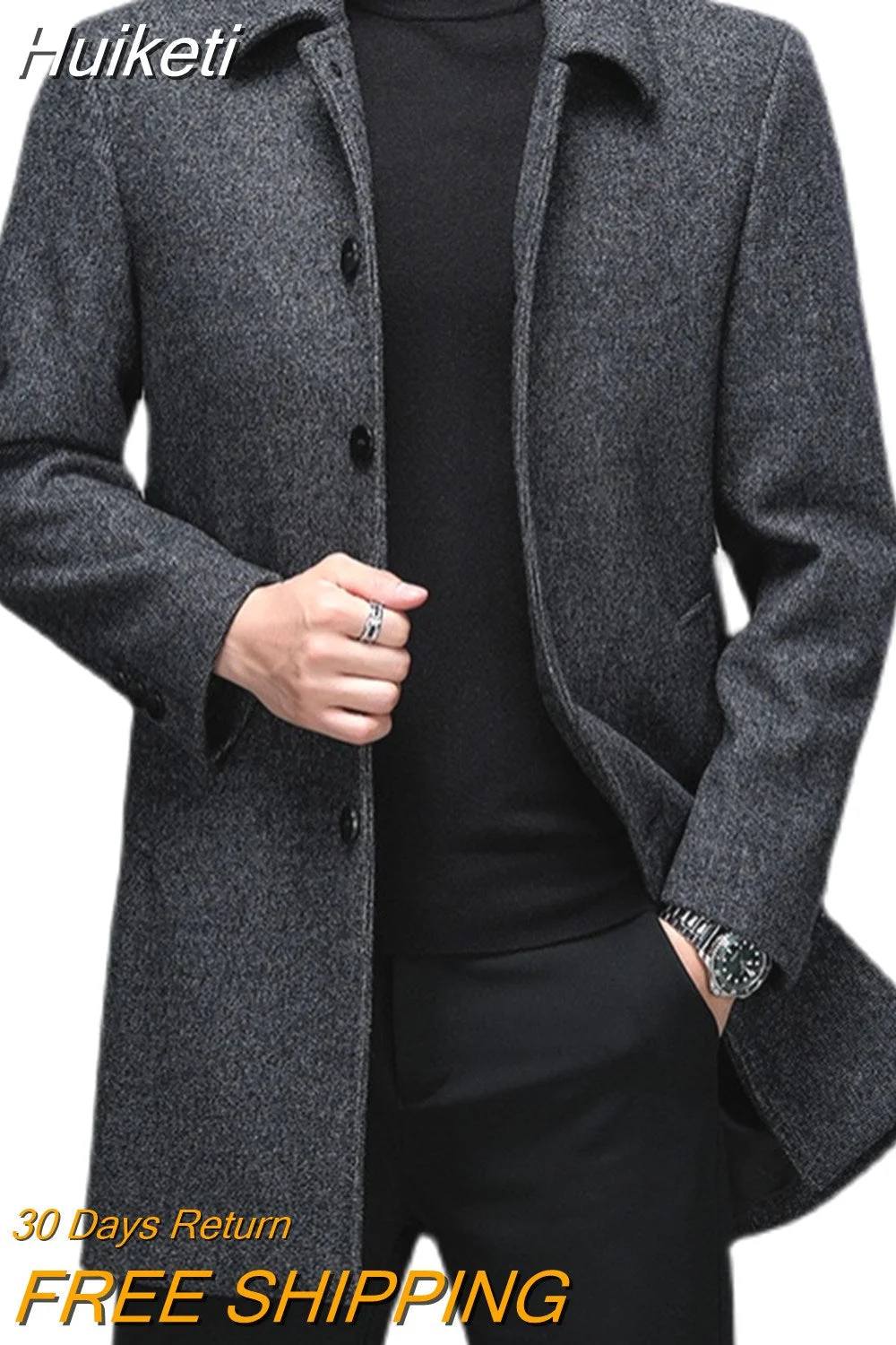 Huiketi Quality Mens Winter Jackets and Coats Business Casual Woolen Jackets Coats Long Overcoat Men Turn Down Collar Wool Blends 1007