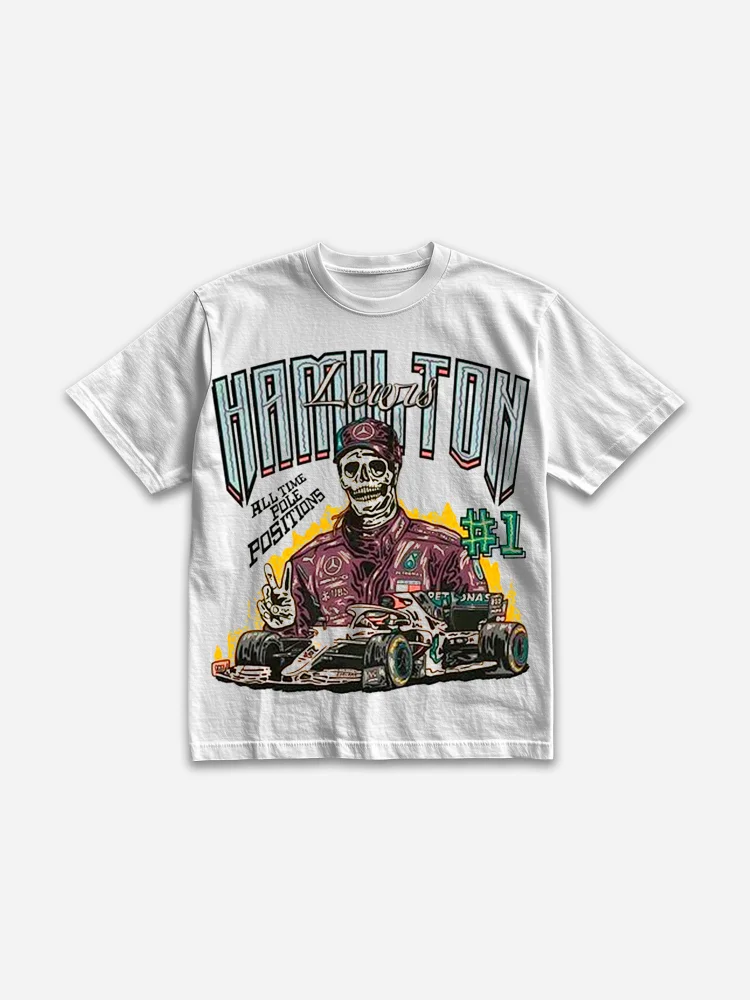 Vintage Skull Racing Car Illustration Graphic Cotton T-shirt