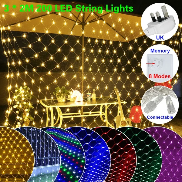 200 LEDs Net Lights Waterproof Net Light Fairy String Lights Christmas Outdoor Holiday Festival Garden Lamp Outdoor Wedding Decoration US/EU/UK plug