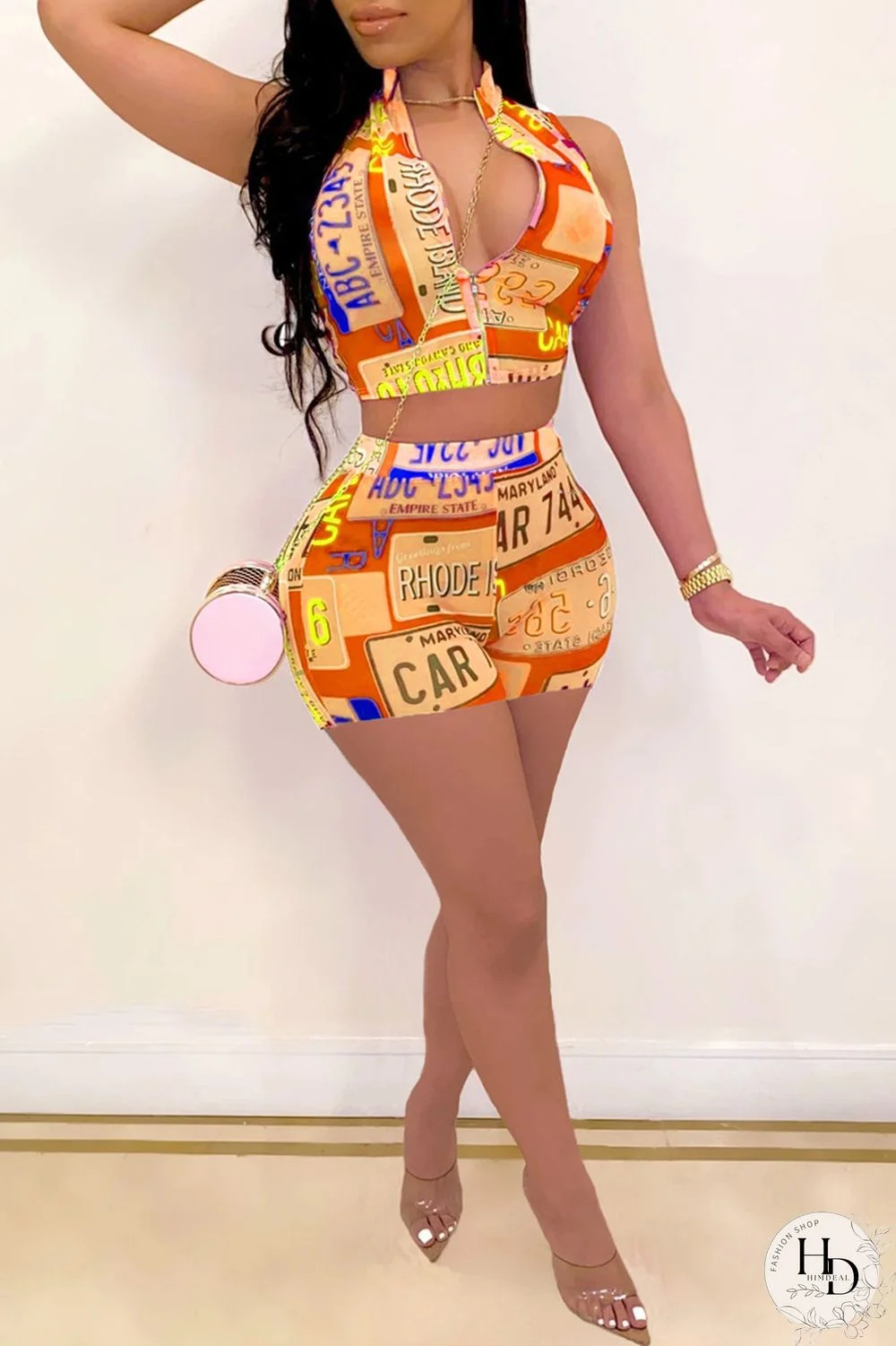 Fuchsia Sexy Casual Print Basic Zipper Collar Sleeveless Two Pieces