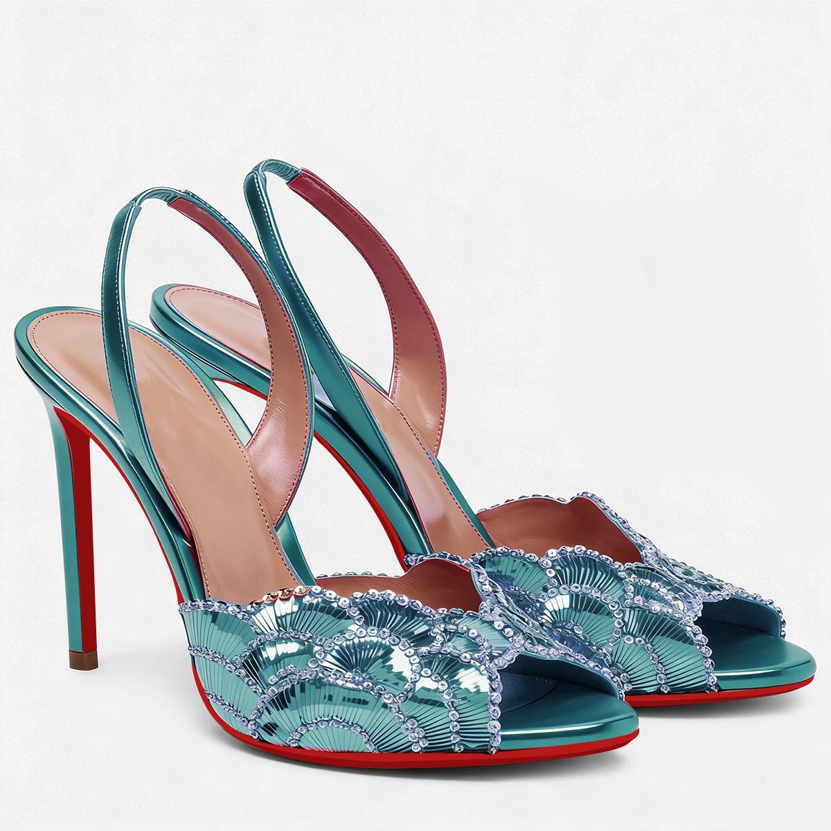100mm Sequined Beaded Peep Toe High Heel Red Bottom Sandals Slingback Party Prom Shoes-MERUMOTE