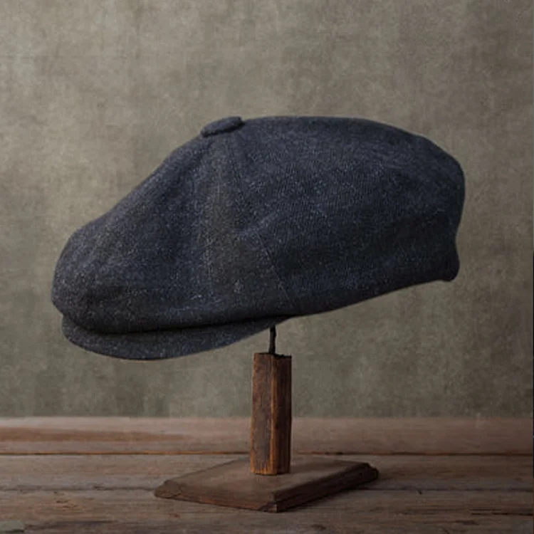 Vintage Men's Navy Blue Cotton and Linen Octagonal Hat