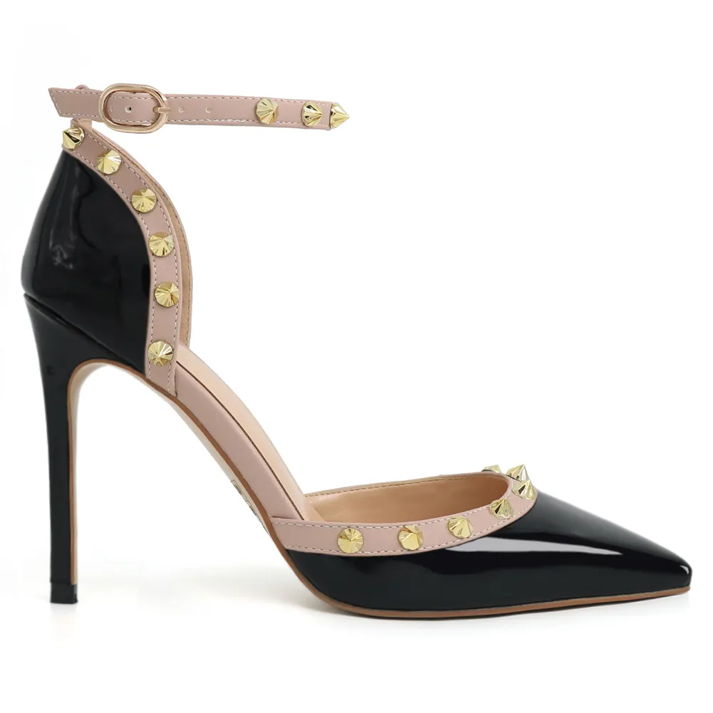 100mm Womens Pointed Toe Pumps Golden Point Rivets Ankle Strap Sandals-vocosishoes