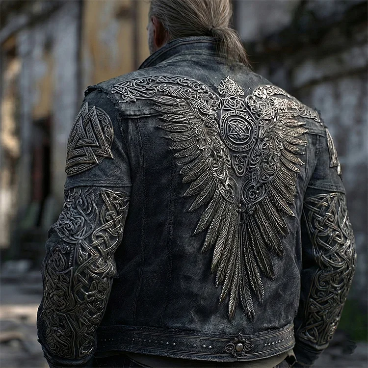Men's Retro Viking Tribal Jacquard Celtic With Wings Graphics Art Washed Denim Jacket