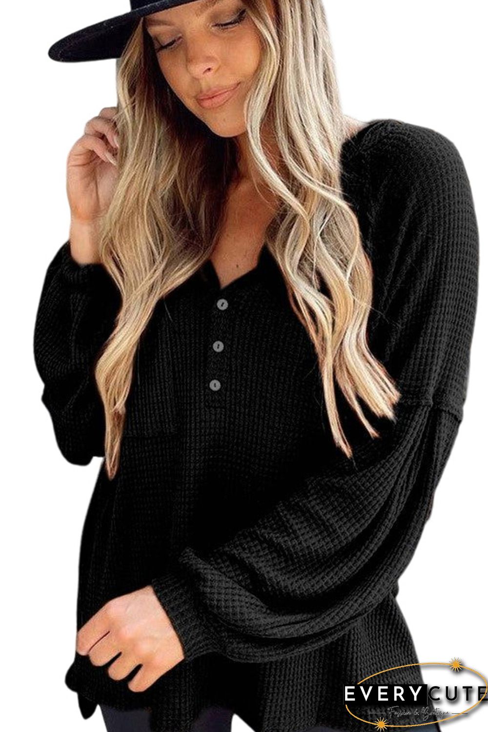 Black Buttoned V Neck Drop Shoulder Waffle Knit Top