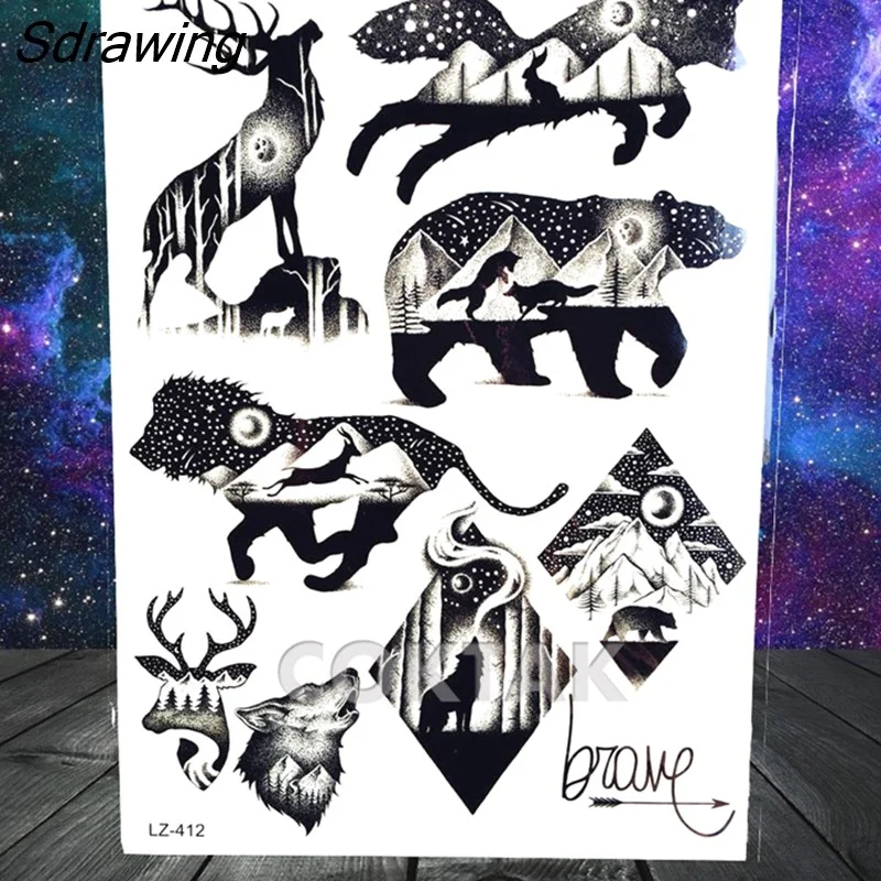 Sdrawing Geometric Fox Wolf Temporary Tattoos For Men Women Henna Tatoos Paper Waterproof Body Art Arm Leg DIY Fake Tattoo Sticker