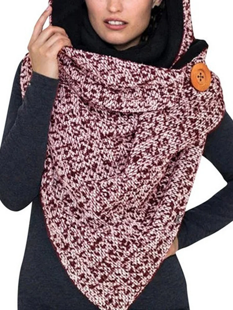 Casual Plaid Button Decor Hooded Thicken Triangle Shawl Scarf