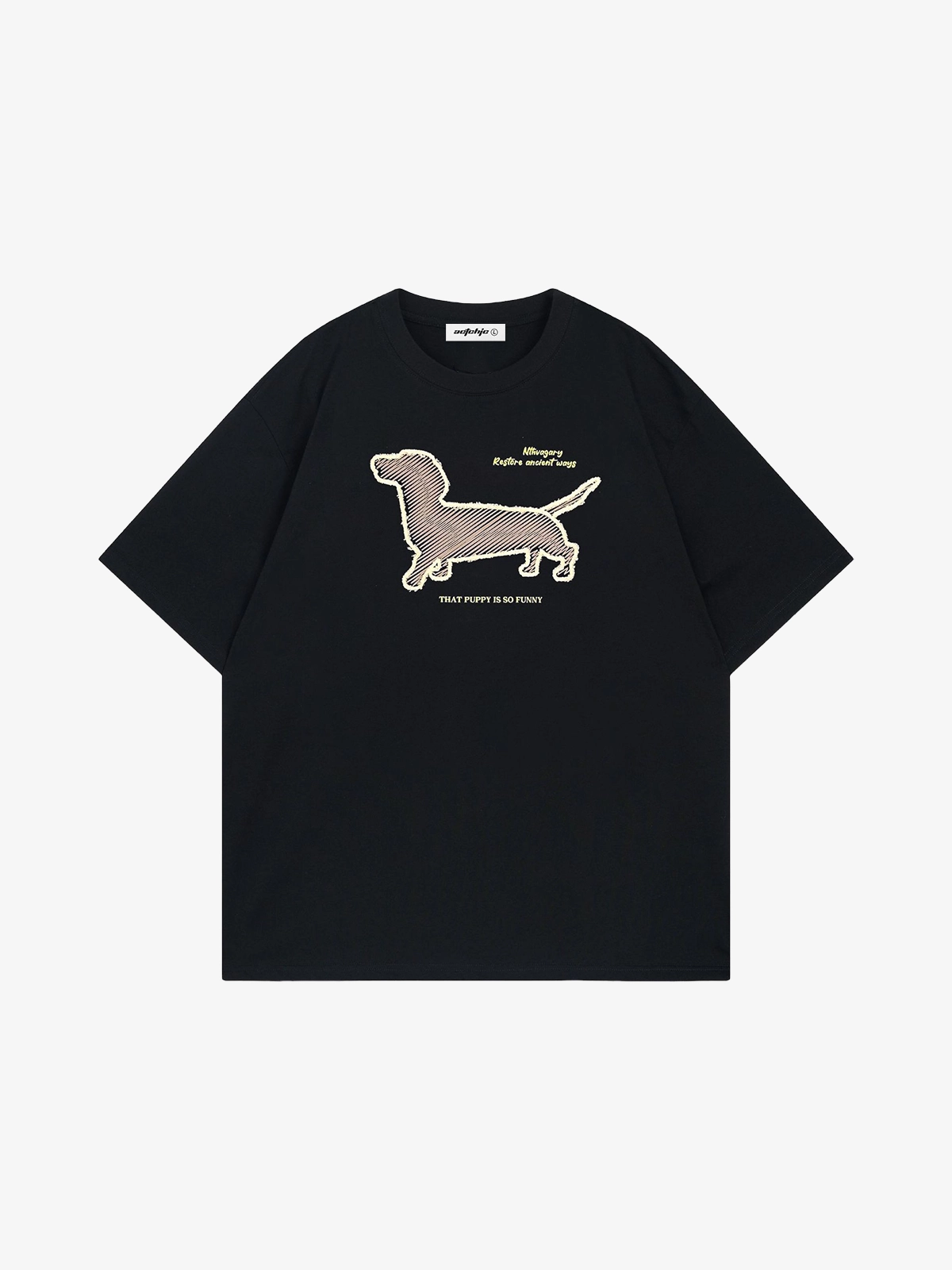 Black Act Chic Terry Embroidered Puppy Tee Front