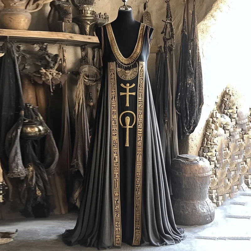 Vintage Egyptian Embroidered Art Linen Sleeveless Maxi Dress