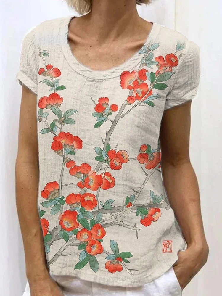 Japanese Retro Floral Art Linen Casual T-Shirt