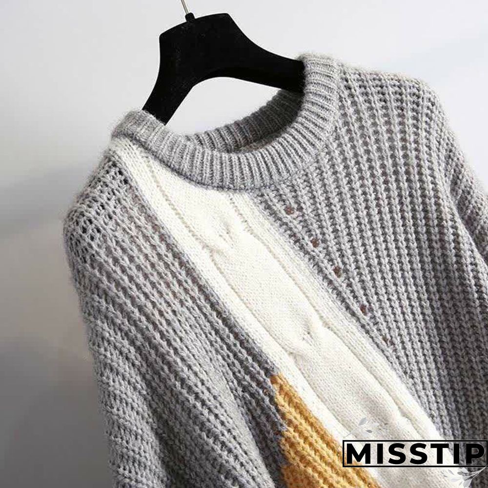 Denim Sleeve Colorblock Loose Round Collar Sweater