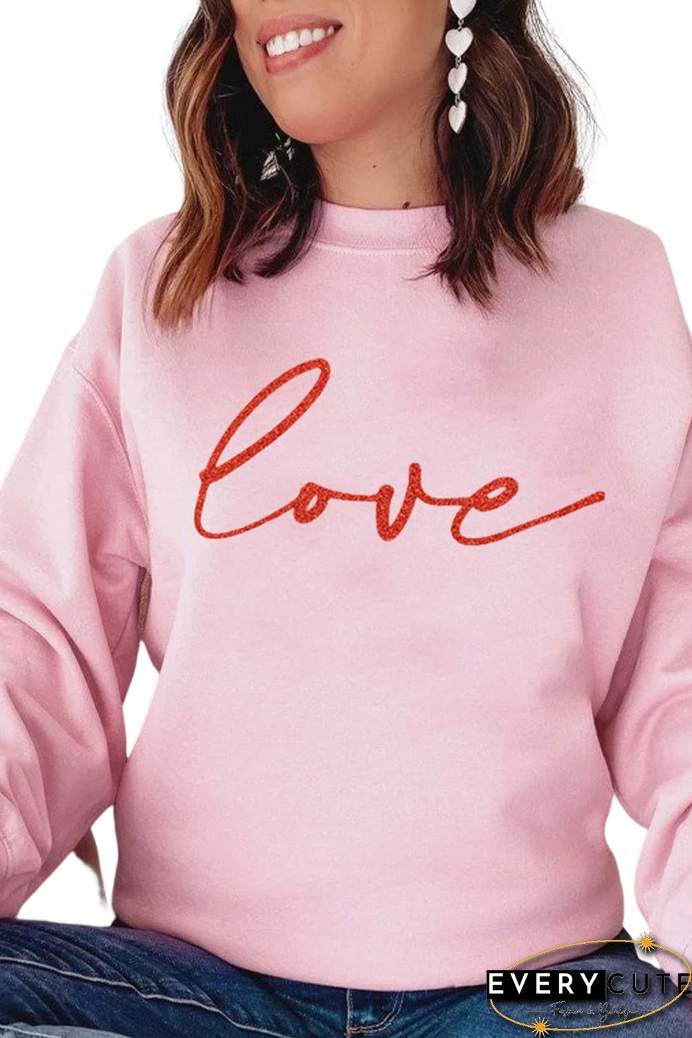 Pink Love Glitter Pattern Print Crew Neck Sweatshirt