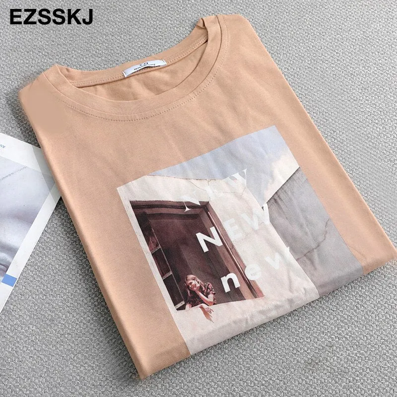 Pure cotton t-shirt women's summer ins short-sleeved 2021 new sanding bottoming shirt  loose printed t-shirt top