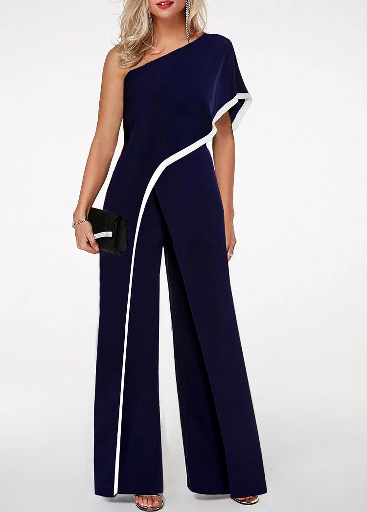 Contrast Trim One Shoulder Navy Blue Jumpsuit