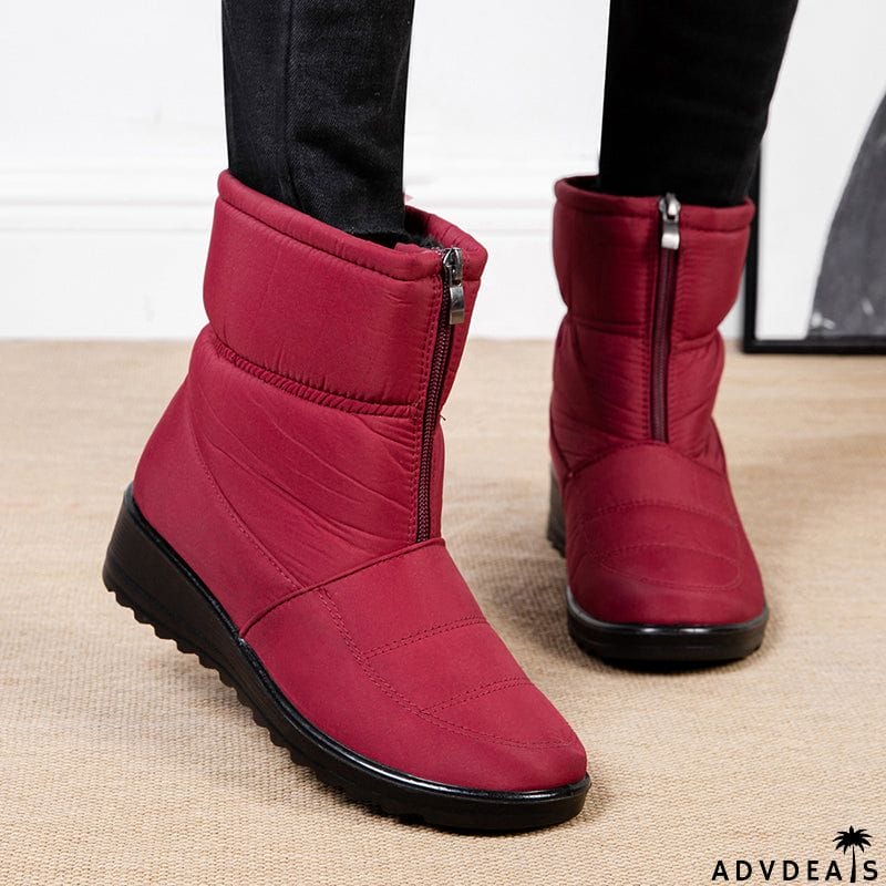 Waterproof Front Zipper Plush Ankle Boots