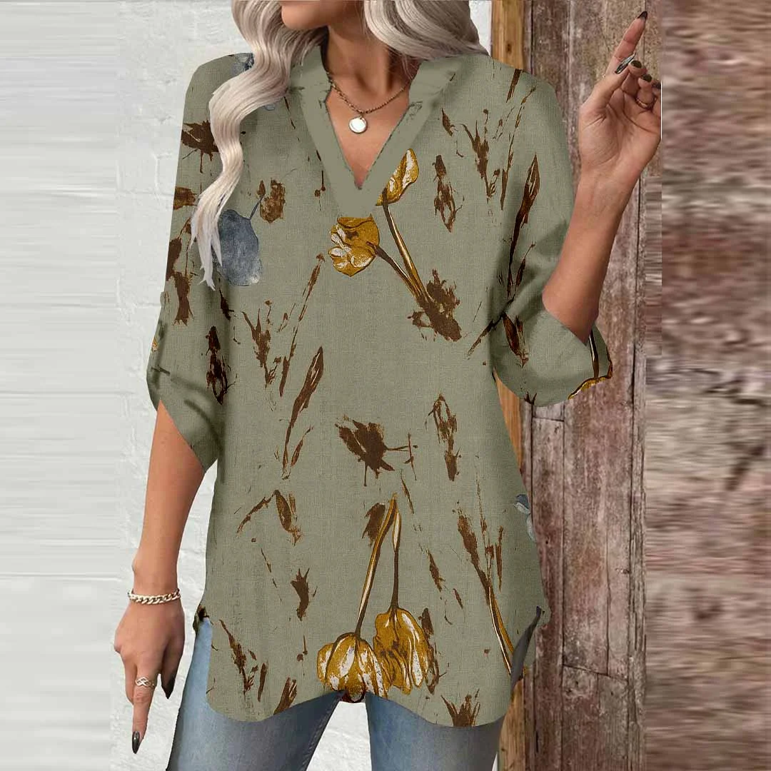 Women Floral, Green, Yellow DZGA0559 3/4 Sleeve V-neck Printed Graphic Button Tops