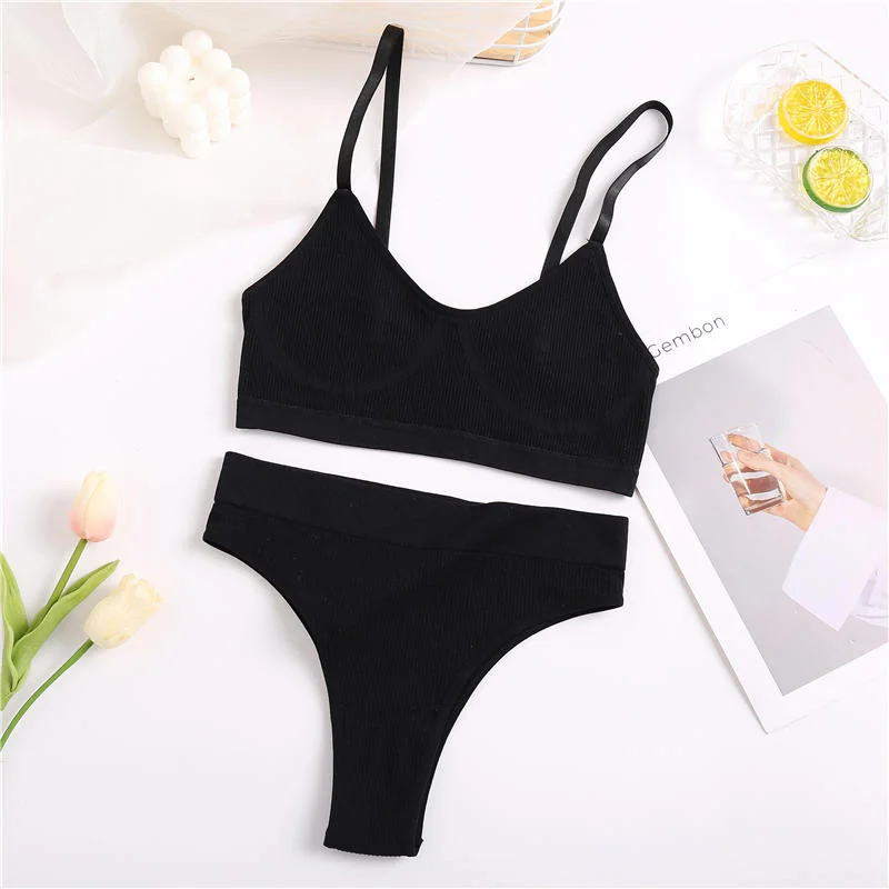 Billionm Sexy Bra Set Women Seamless Underwear Female Lingerie Ribbed Tops Thong High Waist Panties Brassiere Stretchy Tank Crop Top