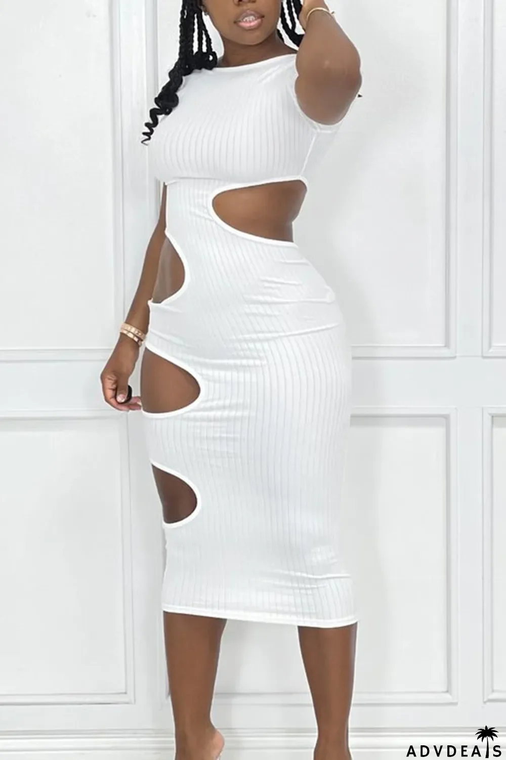 Yellow Sexy Solid Hollowed Out Split Joint O Neck Pencil Skirt Dresses