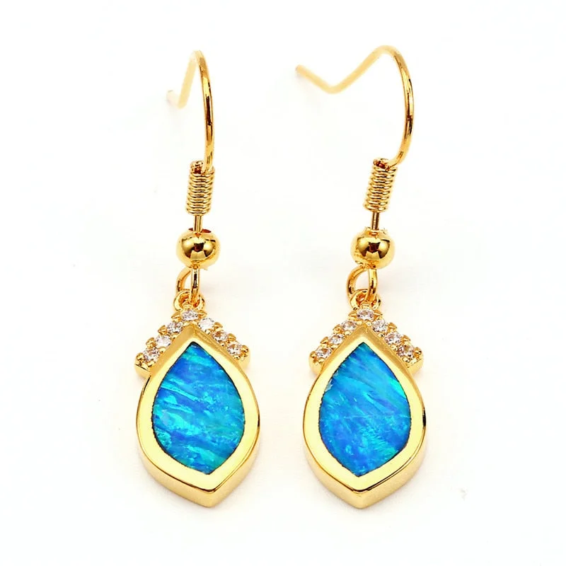 Cute Female Long Drop Earrings Yellow Gold Silver Color Clip Earrings For Women Vintage Blue White Opal Wedding Earrings