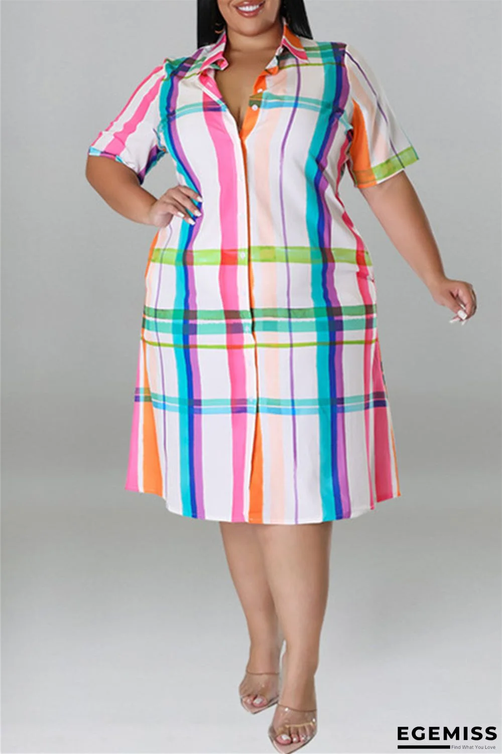 Red Fashion Casual Plus Size Plaid Print Patchwork Turndown Collar Shirt Dress | EGEMISS