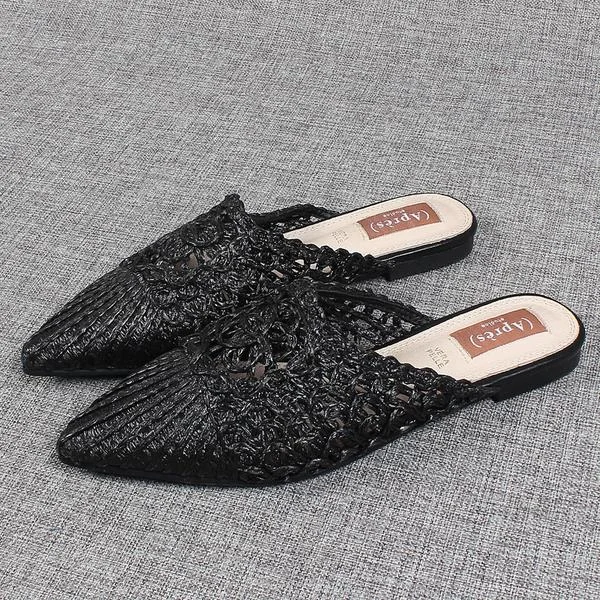 Low Shoes Womens Slippers Outdoor Big Size Cover Toe Slides Pantofle Soft Flat Pointed 2020 Rubber PU Cane Basic Rome Shoes