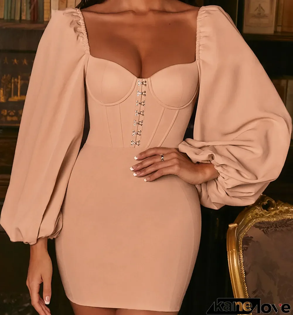 Winter Party Vintage Style Square Puff Sleeve Mini Dress