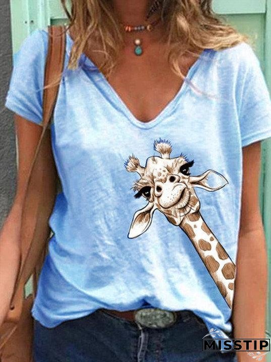 Women Simple Animal Printed V Neck Short Sleeve Tops