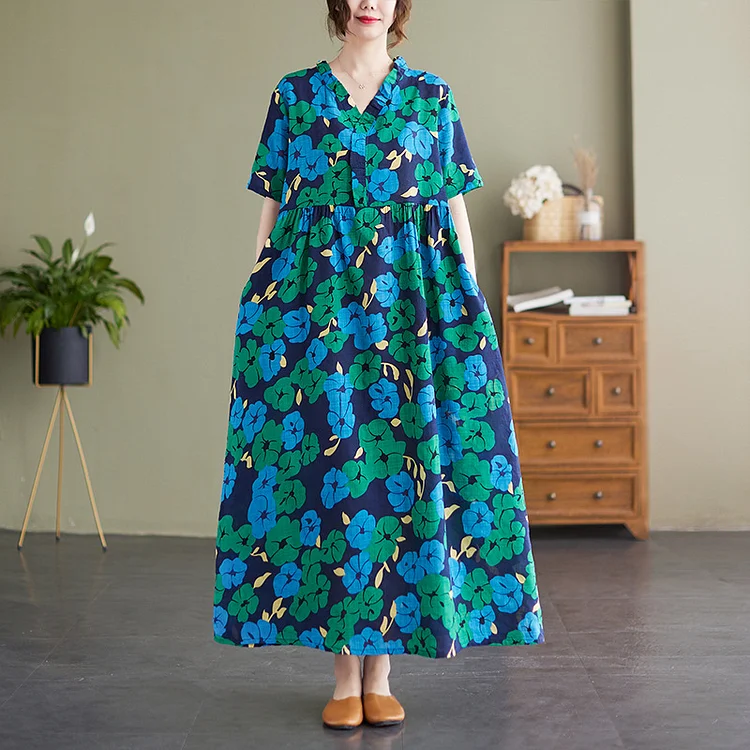 Literary Flower Print Cotton Linen Short Sleeve Midi Dress