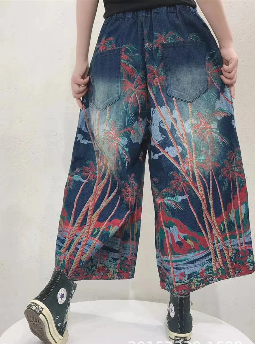 Women's Retro Ethnic Style Nine-point Wide-leg Jeans