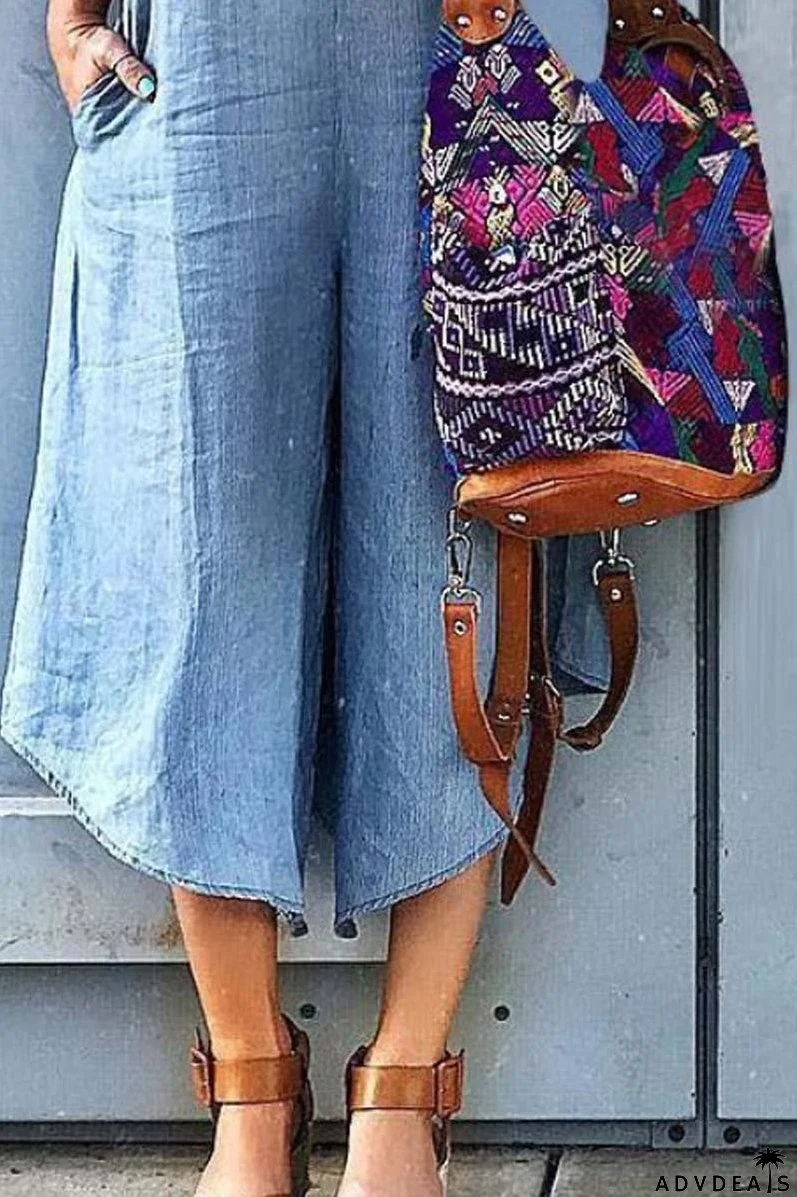 Sleeveless V-neck Wide Leg Denim Jumpsuit