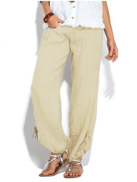 Women Buttoned Cotton Pockets Solid Plus Size Casual Pants B83- Fabulory
