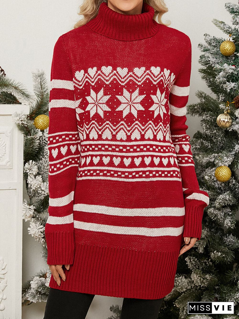 Christmas Snowflake Pattern Turtleneck Long Sleeve Knit Sweater