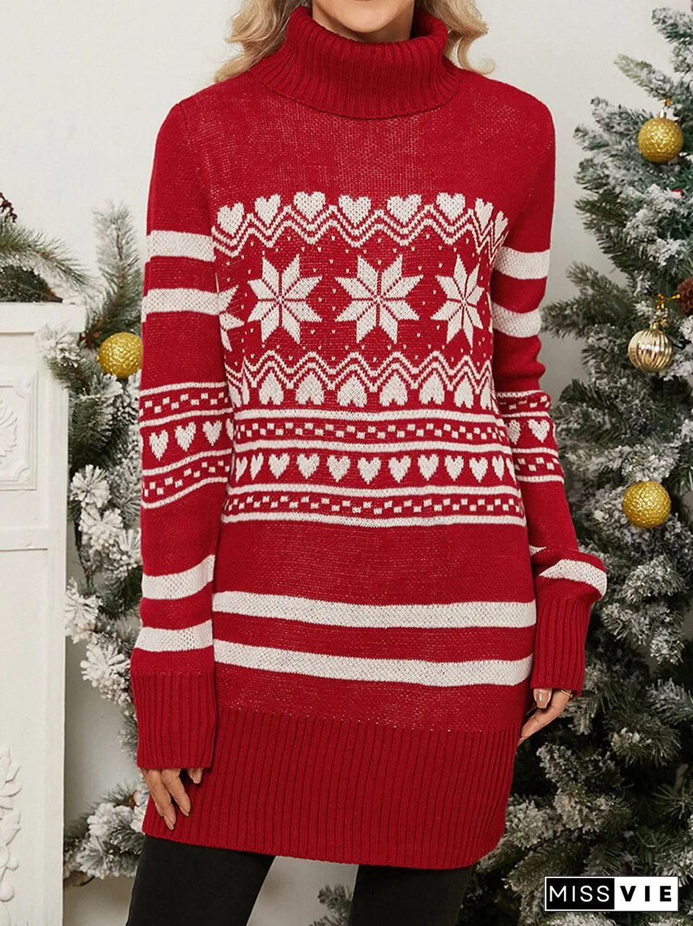 Christmas Snowflake Pattern Turtleneck Long Sleeve Knit Sweater