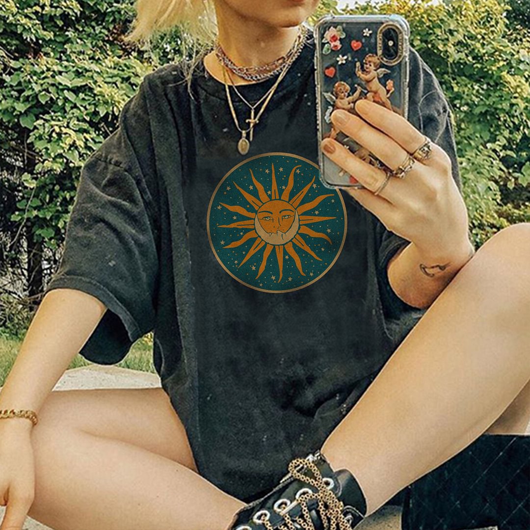   Casual round collar sun print T-shirt - Neojana
