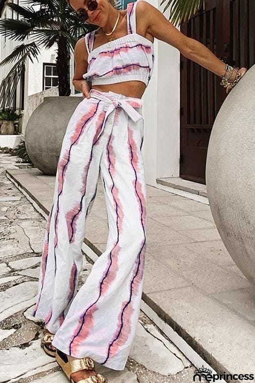 Colorful Stripe Tie Waist Crop Pants Set