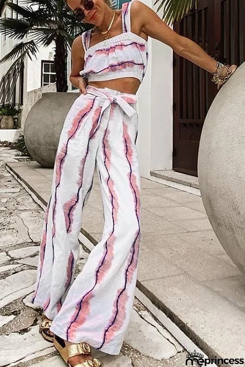 Colorful Stripe Tie Waist Crop Pants Set
