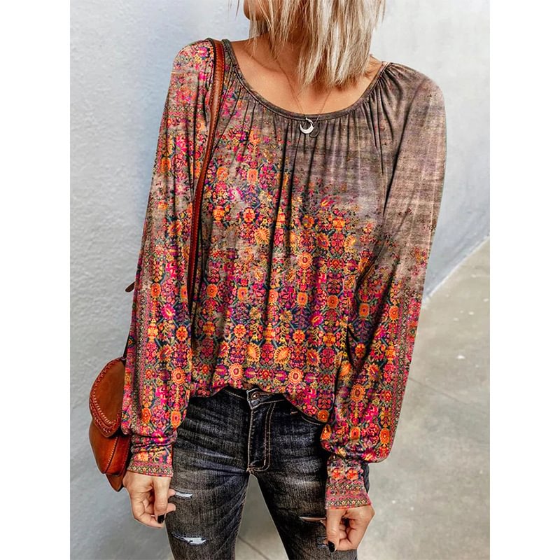 Floral long-sleeved round neck T-shirt Blouse For Women MusePointer