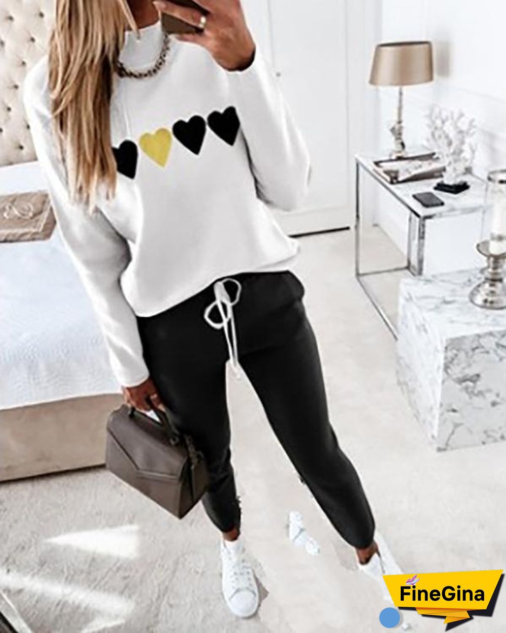 New Contrast Plaid Top & Drawstring Pants Set