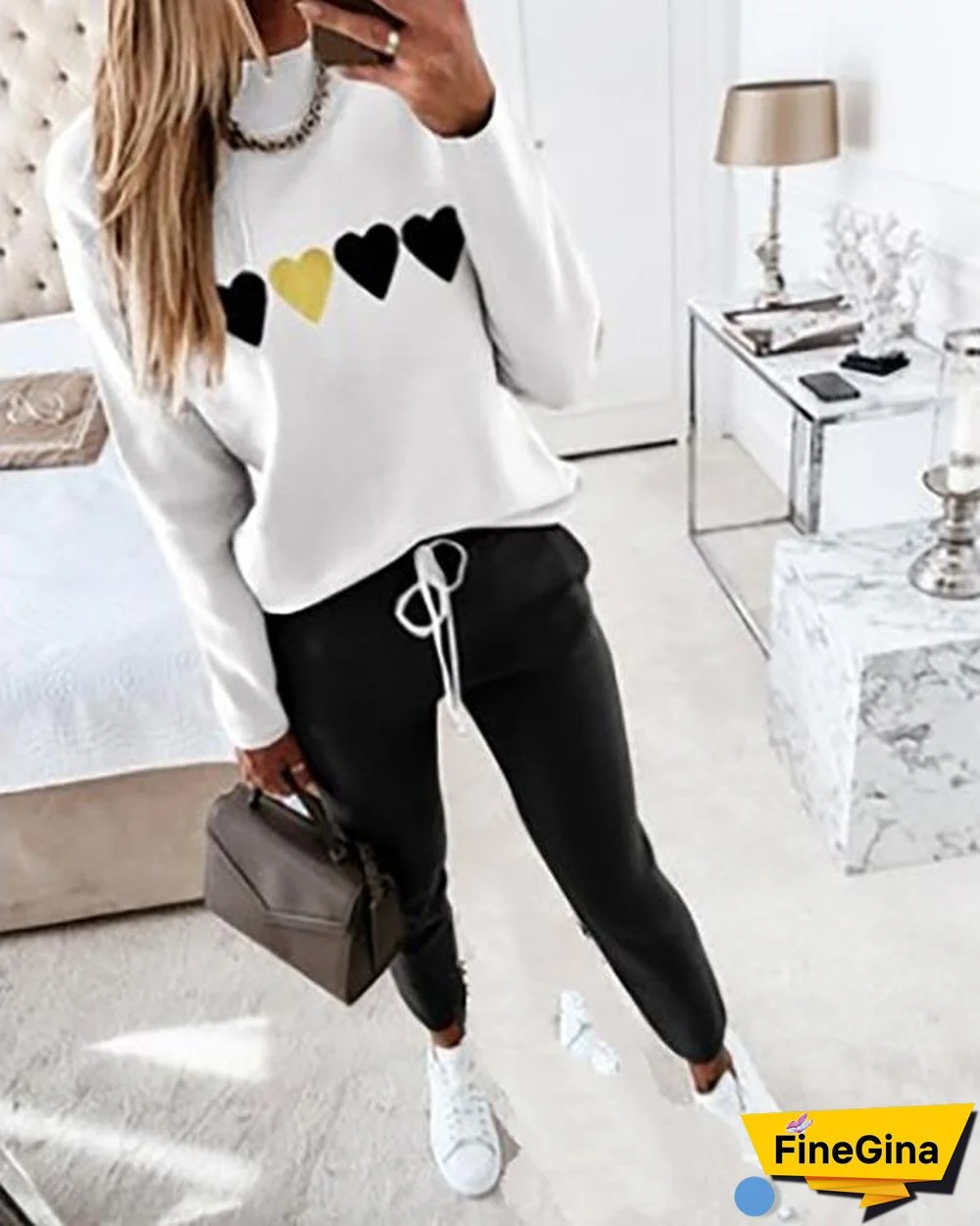 New Contrast Plaid Top & Drawstring Pants Set