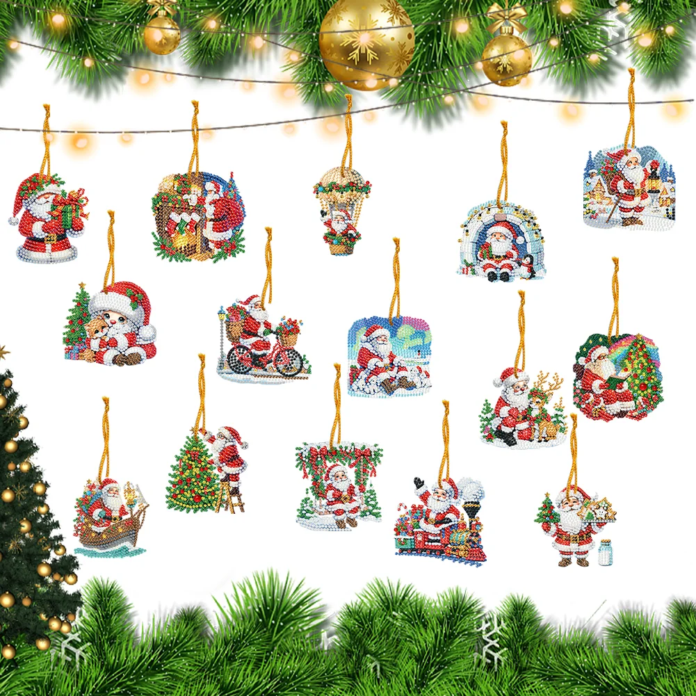 15pcs Xmas Santa Claus Theme 2D Flat DIY Hanging Diamond Art Kits Home Decor