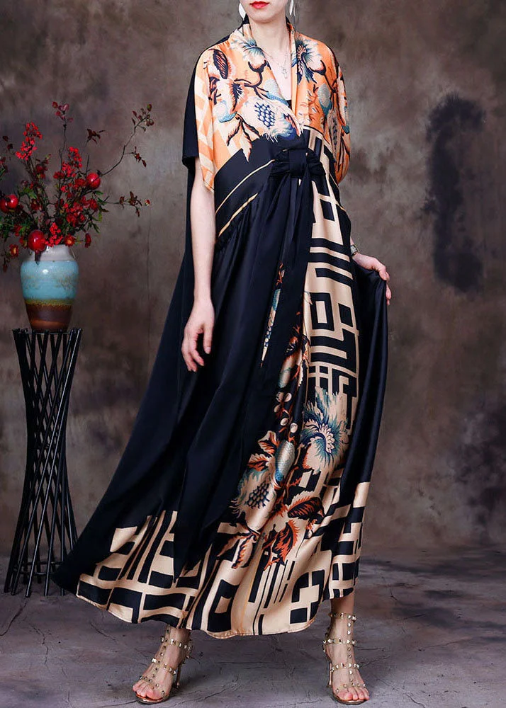 Italian Colorblock V Neck Asymmetrical Design Print Silk Dresses Short Sleeve