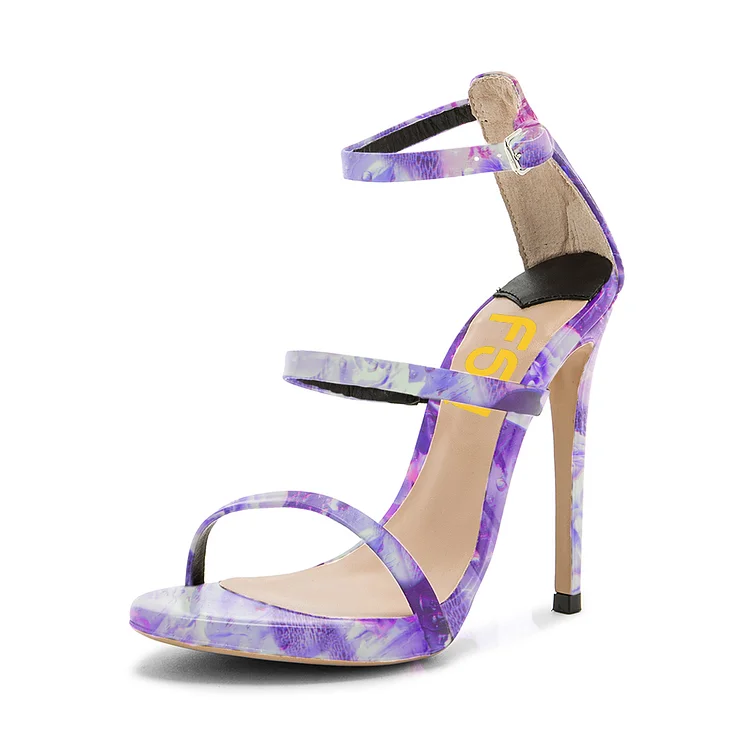 Lavender Floral Heels Open Toe Stiletto Heels Sandals by FSJ |FSJ Shoes