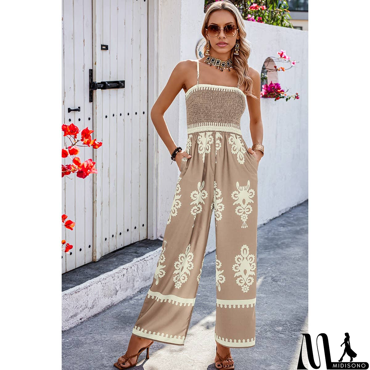 MidiSono - Off Shoulder Ruched Printed High Waist Jumpsuit