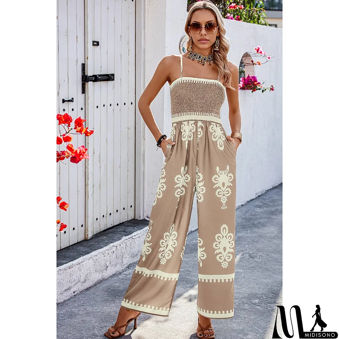 MidiSono - Off Shoulder Ruched Printed High Waist Jumpsuit