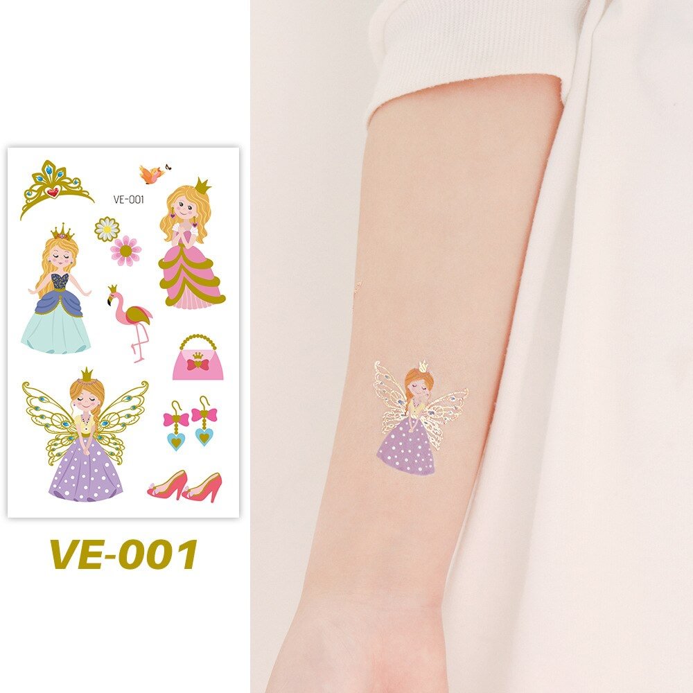 Gingf Pricess Tattoos for Kids Girls Temporary Body Art Sticker Gold Metallic Dress Rainbow Fake Tatoo Children Cute Tattoo Waterproof