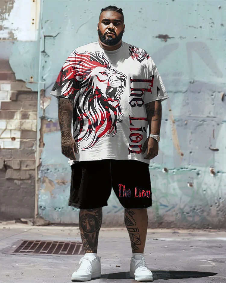 Printed Front And Back Men's Plus Size Lion Alphabet Print T-Shirt Shorts Suit
