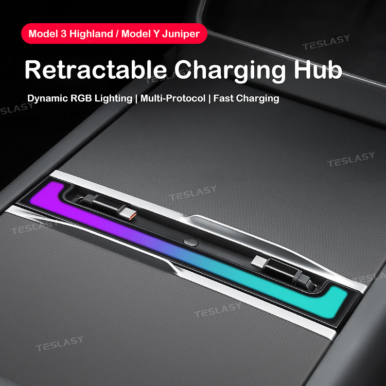 Teslasy Model Y Juniper / Model 3 Highland Center Console Dynamic RGB Retractable Charging Hub